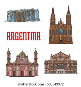 Tourist attraction landmarks and sightseeings of Argentina. Vector detailed icons of architecture facades of Cathedral of La Plata, Teatro Colon, Cathedral of Salta, Iguazu Falls