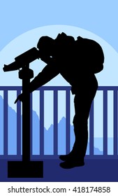 Tourist attraction man looking through coin operated binoculars tower viewer vector background