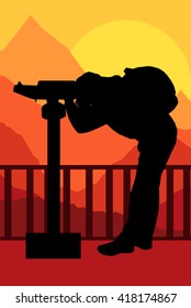 Tourist attraction man looking through coin operated binoculars tower viewer vector background