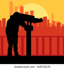 Tourist attraction man looking through coin operated binoculars tower viewer vector background