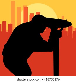 Tourist attraction man looking through coin operated binoculars tower viewer vector city background