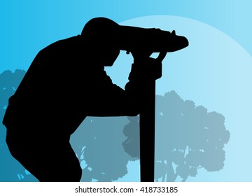 Tourist attraction man looking through coin operated binoculars tower viewer vector background