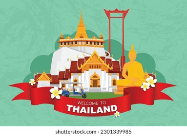 Tourist attraction poster famous landmark thailand travel on vacation Asia travel destinations Wat Benchamabophit, Big Buddha, Giant Swing, Golden mountain