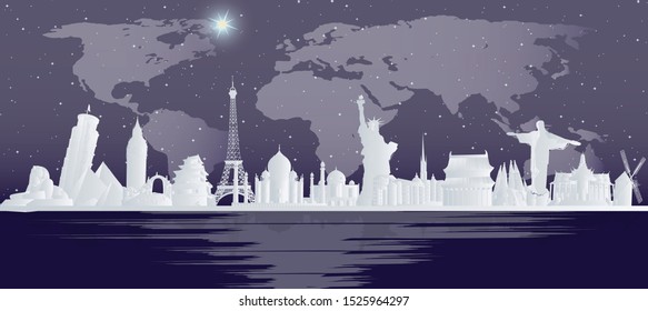 Tourist attractions around the world, tourist attractions, paper cut, illustration - vector