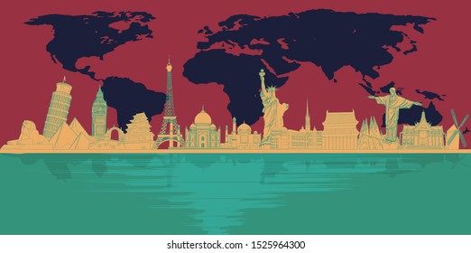 Tourist attractions around the world, tourist attractions, paper cut, illustration - vector