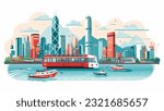 Tourist attractions in Hong Kong have many tall buildings with a river in front. vector illustration.