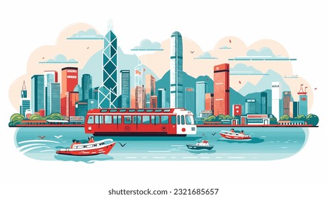 Tourist attractions in Hong Kong have many tall buildings with a river in front. vector illustration.