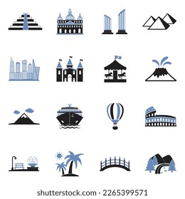 Tourist Attractions Icons. Two Tone Flat Design. Vector Illustration.