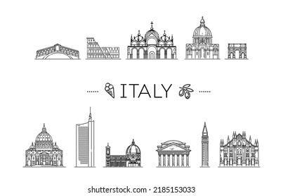 Tourist attractions of Italy. Historic buildings from the streets of Italy, outline.