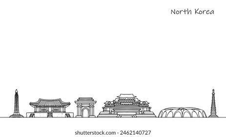 Atracciones turísticas de Corea del Norte. Silueta de Pyongyang. Esquema de la arquitectura del país.