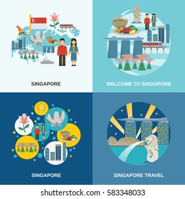 Tourist attractions in Singapore 4 flat icons composition poster with cultural symbols pictograms abstract isolated vector illustration