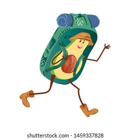 Tourist avocado character with brown hat and big backpack