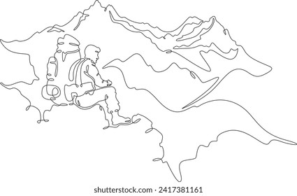 Tourist with a backpack against the background of mountains. High mountain peak. Climber at the foot of the mountain. One continuous line drawing. Linear. Hand drawn, white background. One line