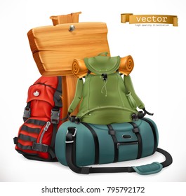 Tourist backpack and bag, Travel, 3d vector icon