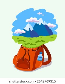 Tourist backpack with a beautiful mountain landscape. Vector conceptual illustration. Tourism and travel. Hand drawing, not AI.