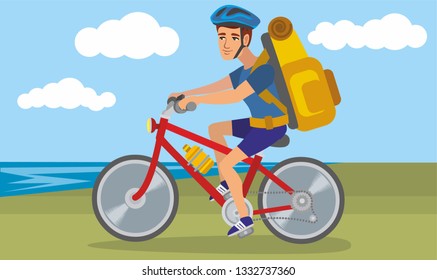 
tourist with a backpack and bicycle, flat