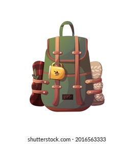 Tourist-Rucksack mit Tasse und Decken auf weißem Hintergrund. Camping, Reisen, Ausflüge, Wandern, Camper, Reisekonzept. Einzige Vektorgrafik für Poster, Banner, Werbung, Cover, Karte.