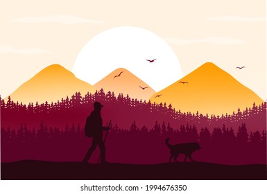 Tourist with Backpack and a Dog Walking through a Landscape