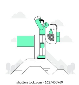 Tourist with a backpack and a flag. Traveler, guide, explorer stands on the top of the mountain. Conqueror of the peaks. The concept of camping, adventure. Vector illustration in line flat style.