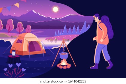 Tourist with backpack and a flashlight going on a forest road. Forest landscape with trees, bushes, flowers, road, a lake, tents, a bonfire. Concept of tourism and travel, hiking and adventure. Flat.