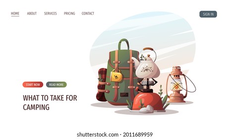 Tourist backpack, gas-burner with kettle, kerosene lamp. Camping, traveling, trip, hiking, camper, nature, journey, picnic concept. Vector illustration for poster, banner, website.