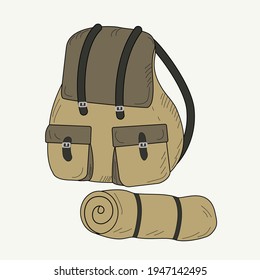 Tourist backpack for a hike. Doodle vector graphics. Isolated background.