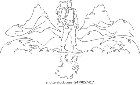 Tourist with a backpack. A hiker is reflected in water. A man with a backpack on the river bank. One continuous line. Line art. Minimum one line. White background. One line drawing.