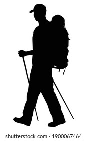 Tourist With Backpack For Hiking Silhouette Vector On White Background, People