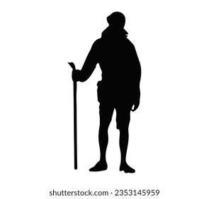 Turista con mochila para caminar con un vector de silueta sobre fondo blanco.