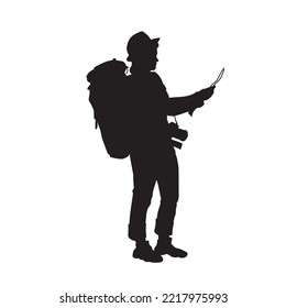 tourist with backpack holding map . backpacker searching direction on location map while traveling.