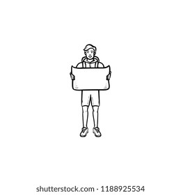 Turista con mochila sosteniendo un icono del doodle dibujado a mano en el mapa. Mapa de salida y navegación, concepto de viaje. Ilustración vectorial para impresión, web, móvil e infografía sobre fondo blanco.