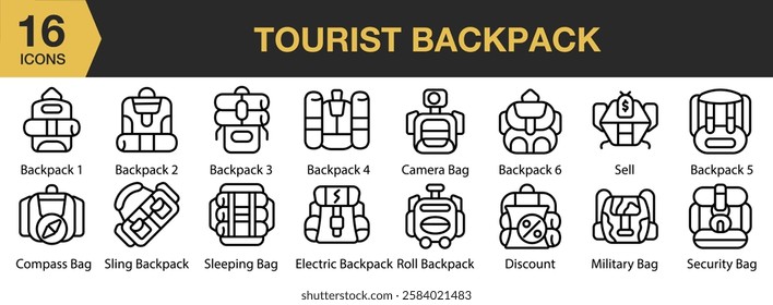 Tourist Backpack icon set. Includes tourist, travel, backpack, journey, backpacker, and More. Outline icons vector collection.