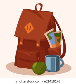 Tourist backpack, iron mug and apple. Tourist set. Vector cartoon illustration.