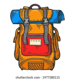 Tourist backpack line art color sketch engraving vector illustration. T-shirt apparel print design. Scratch board imitation. Black and white hand drawn image.