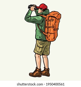 Turista con mochila mirando a través de binoculares en ilustraciones vectoriales aisladas de estilo vintage