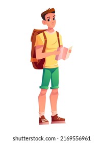 
Turista con mochila y mapa aislado en un fondo blanco. Un hombre vestido de turista se dedica a hacer senderismo, a hacer mochileros. Ilustración del personaje de dibujos animados.