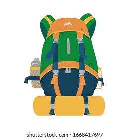 Tourist Rucksack mit Matte und Flasche. Campingausrüstung. Einzeln auf Weiß. Vektorillustration flache Cartoon-Illustration.