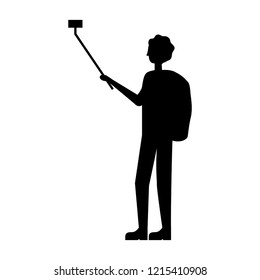 tourist with backpack and mobile taking selfie