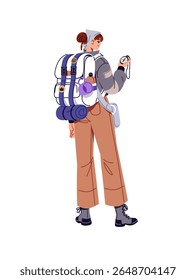 Tourist with backpack navigates with compass in hiking. Hiker with knapsack looks for direction. Women travels with trekking rucksack back view. Flat isolated vector illustration on white background