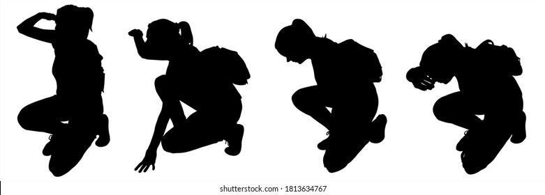 Tourist with a backpack on back. Black silhouettes are isolated on a white background. Girl sat down and looks intently at something in front of her. With one hand helps himself to focus on the object