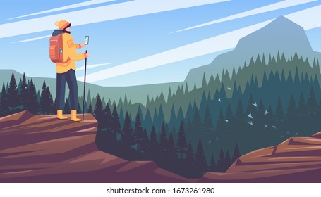 Tourist with backpack on a background of mountains and forest.Vector illustration.