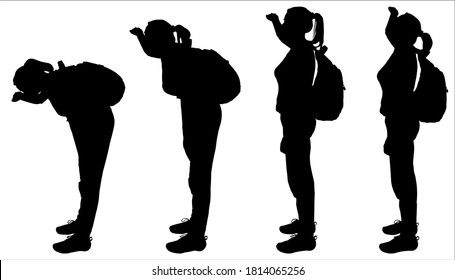 A tourist with a backpack on her back. The girl raises her hand to her face, looks up. Side view, profile. Hiking. The four black female silhouettes are isolated on a white background.