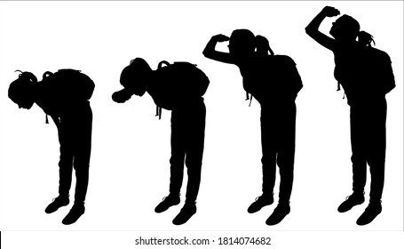 A tourist with a backpack on her back stands and watches. The girl raises her hand to her face, looks up, leans in. Hiking. The four black female silhouettes are isolated on a white background.