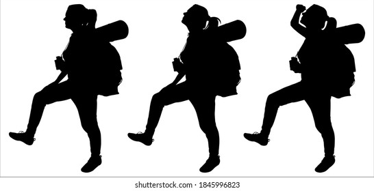 Tourist with a backpack on her back and a tourist rug. Girl with binoculars. Woman stands motionless, one leg raised. Looks up. Three black female silhouettes are isolated on a white background.