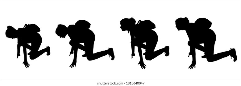 Tourist with a backpack on his back is sitting down. Girl looks at the object in front of her. Looks forward, down, looks out, studies everything leaning down and down. Four black female silhouettes.