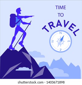 Tourist with a backpack on a mountain in flat style.
