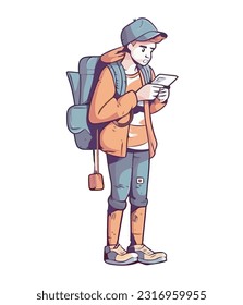 tourist with a backpack and reading a map isolated