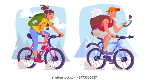 Tourist with backpack ride bicycle. Cartoon vector set of young people travel on bike - woman cycling on mountain background, man driving with paper map in rucksack and navigating with mobile phone.