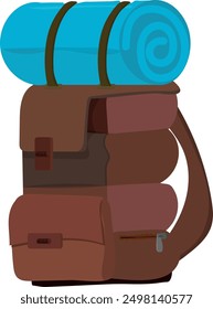 Tourist backpack with rolled sleeping bag. Travel equipment