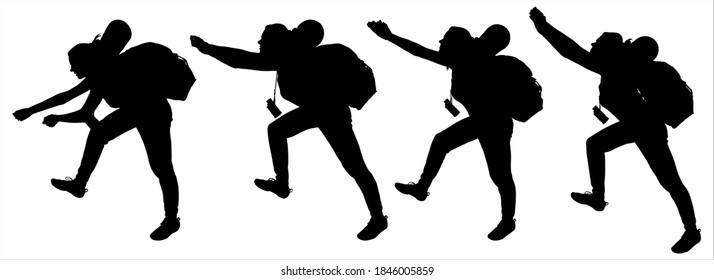 Tourist with a backpack and a tourist rug. Girl with binoculars. Woman with a raised leg and hand. Look up. Pull. Take. Ask for help. Four black female silhouettes are isolated on a white background.